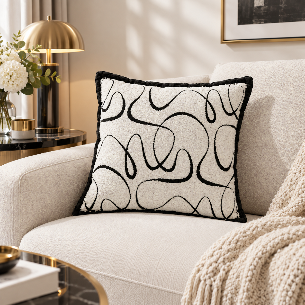 Beige Black Curved Embroidered Cushion Cover