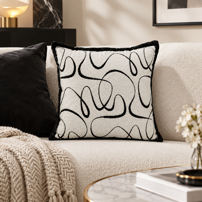 Beige Black Curved Embroidered Cushion Cover
