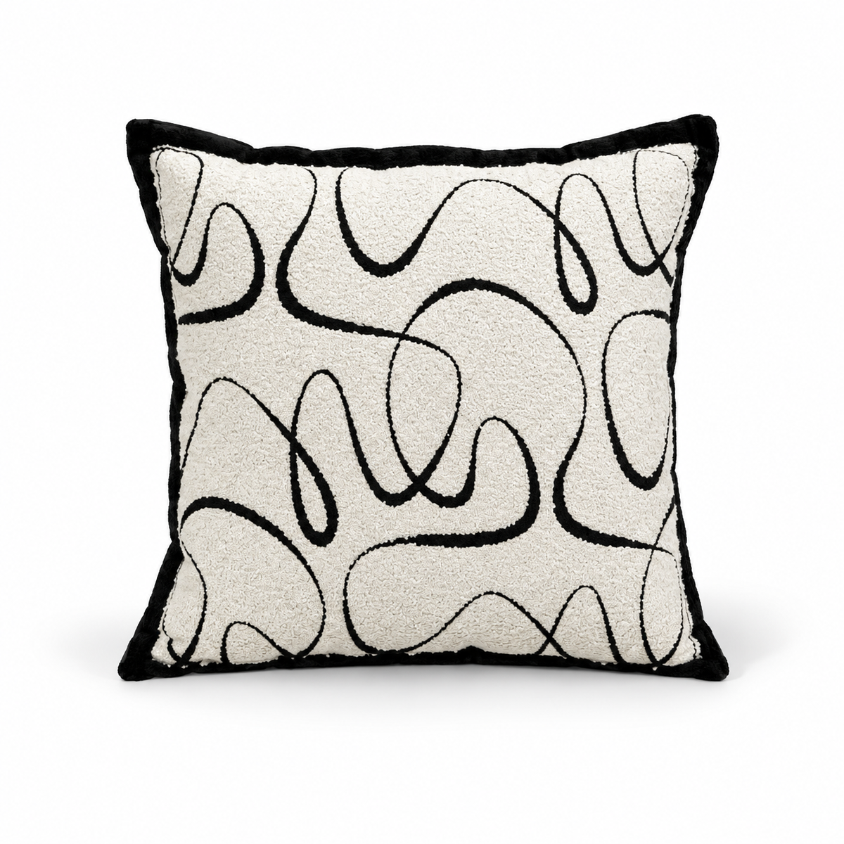 Beige Black Curved Embroidered Cushion Cover