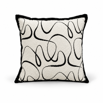 Beige Black Curved Embroidered Cushion Cover