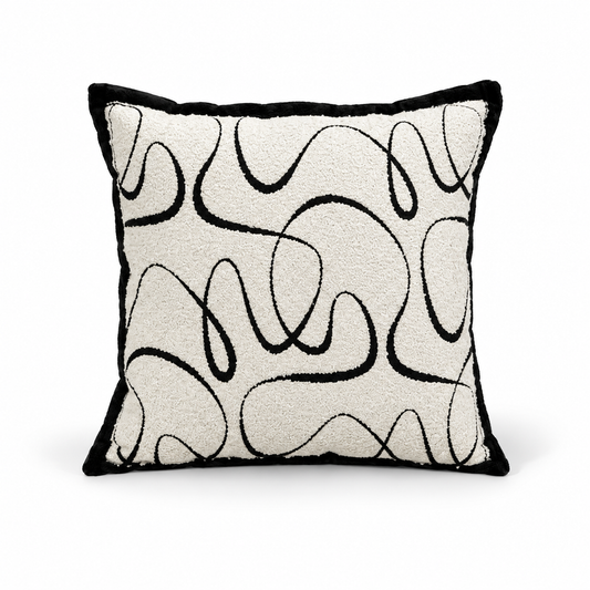 Beige Black Curved Embroidered Cushion Cover